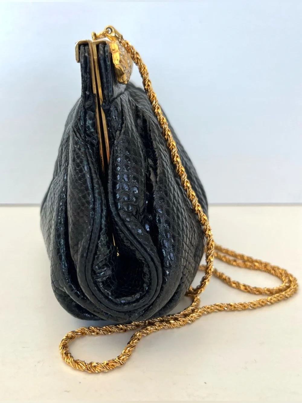 CAROL FIORI Italy Vintage Black Snake Leather Rhinestone Cocktail Evening Purse